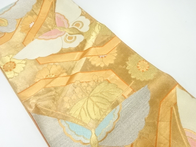 JAPANESE KIMONO / ANTIQUE FUKURO OBI / SILK / WOVEN BUTTERFLY & KIKU & PAULOWNIA